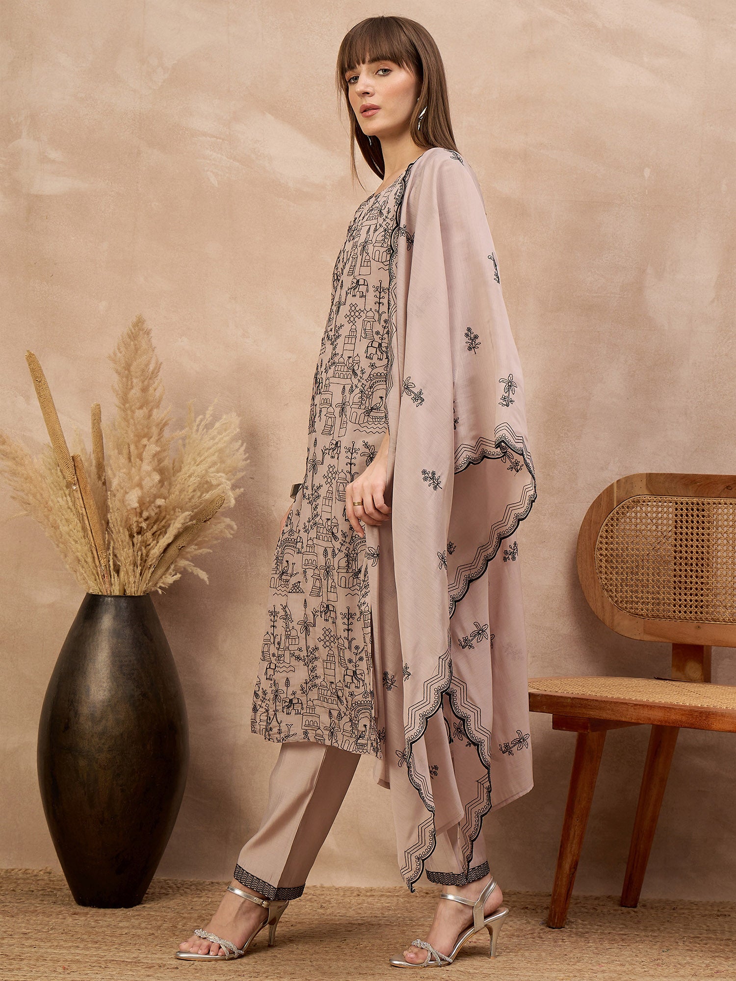 Grey Chanderi Cotton Embroideried A-Line Kurta Trouser With Dupatta