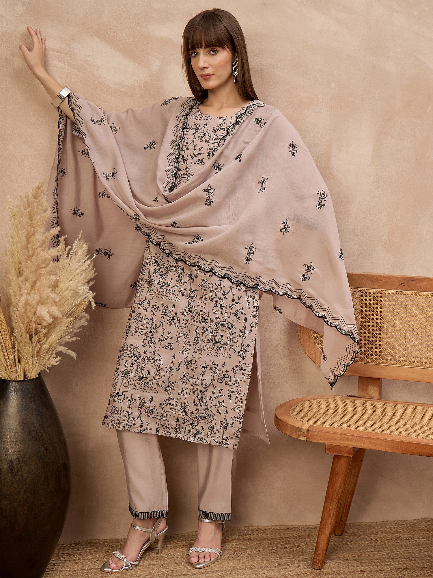 Grey Chanderi Cotton Embroideried A-Line Kurta Trouser With Dupatta