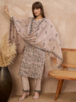 Grey Chanderi Cotton Embroideried A-Line Kurta Trouser With Dupatta