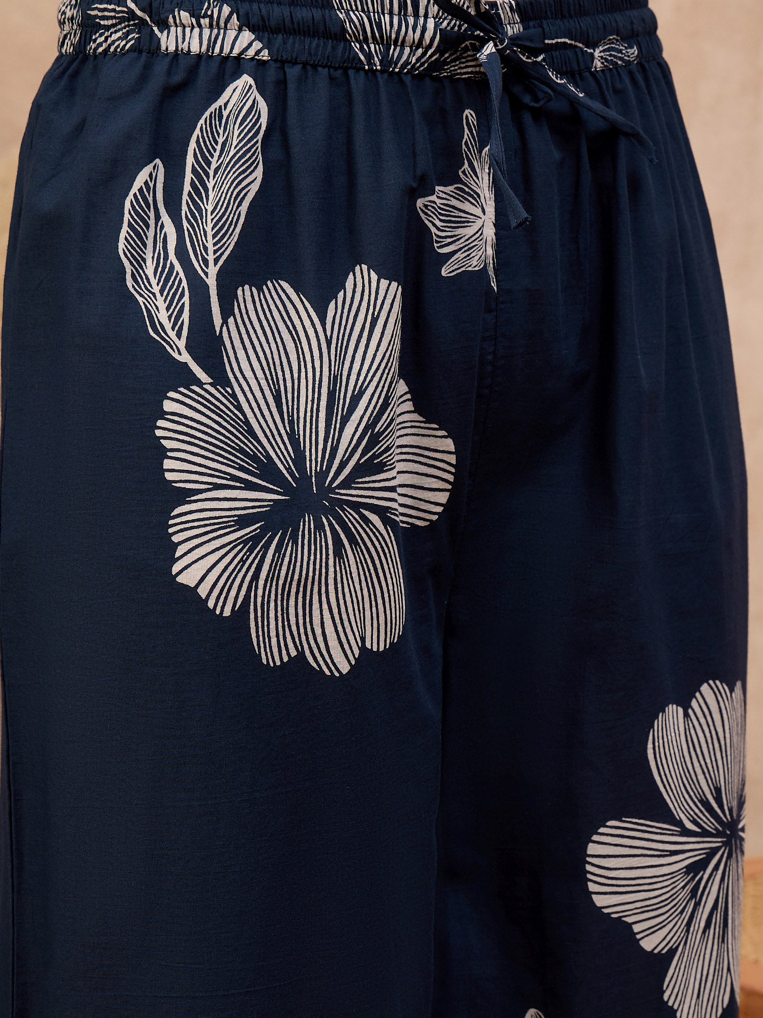Blue Pure Cotton Floral Printed A-Line Sleeveless Kurta Trouser With Printed Dupatta
