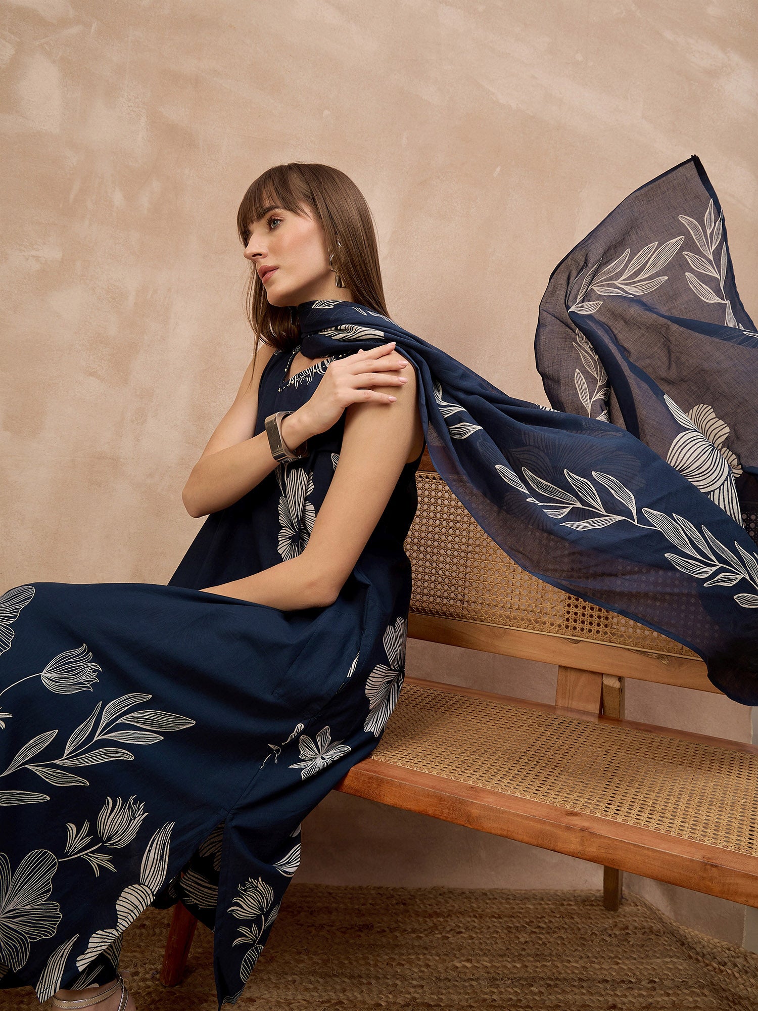 Blue Pure Cotton Floral Printed A-Line Sleeveless Kurta Trouser With Printed Dupatta