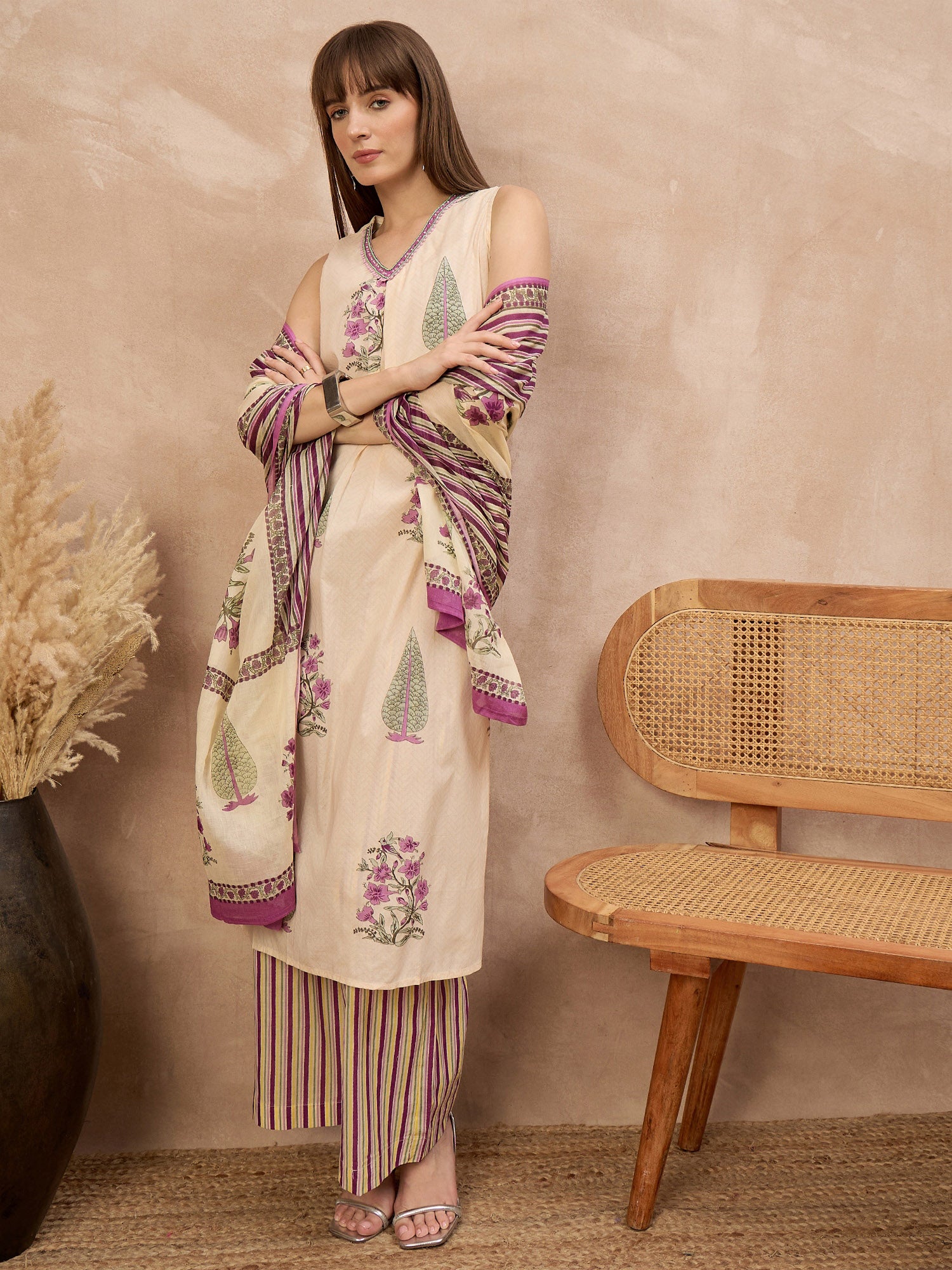 Multi Pure Cotton Floral Printed A-Line Sleeveless Kurta Trouser With Printed Dupatta