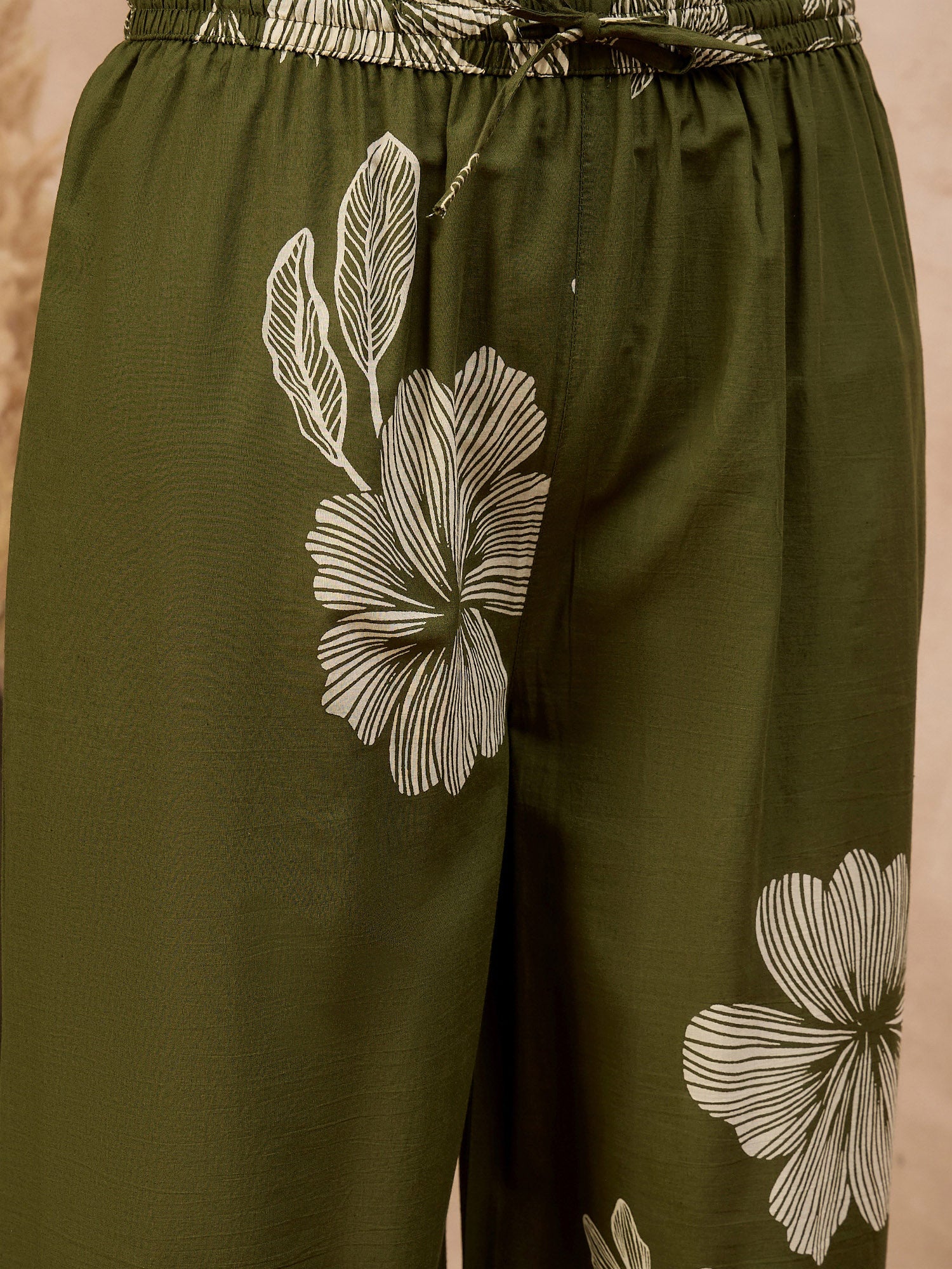 Olive Pure Cotton Floral Printed A-Line Kurta Trouser With Printed Dupatta