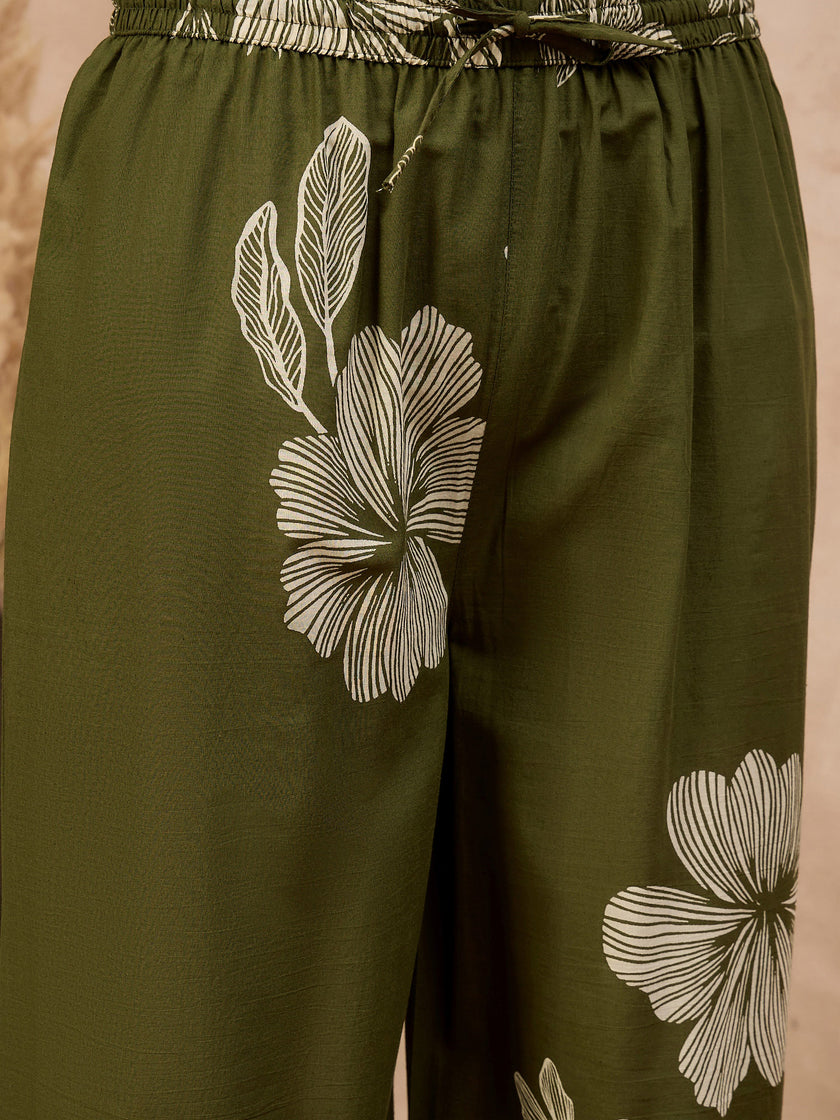 Olive Pure Cotton Floral Printed A-Line Kurta Trouser With Printed Dupatta