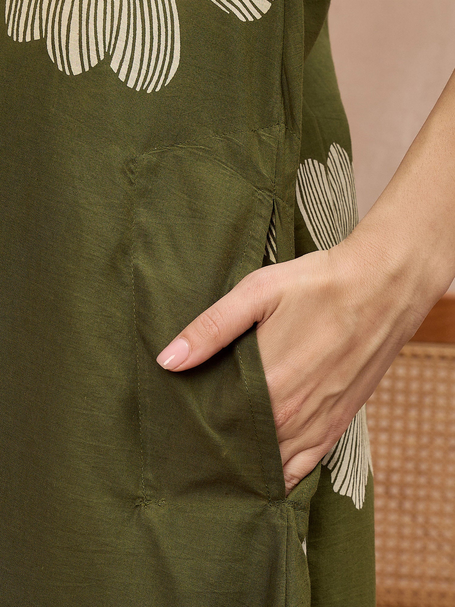 Olive Pure Cotton Floral Printed A-Line Kurta Trouser With Printed Dupatta