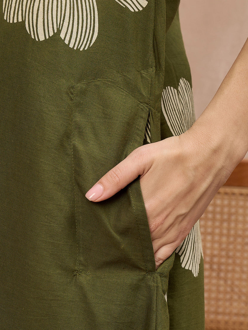 Olive Pure Cotton Floral Printed A-Line Kurta Trouser With Printed Dupatta