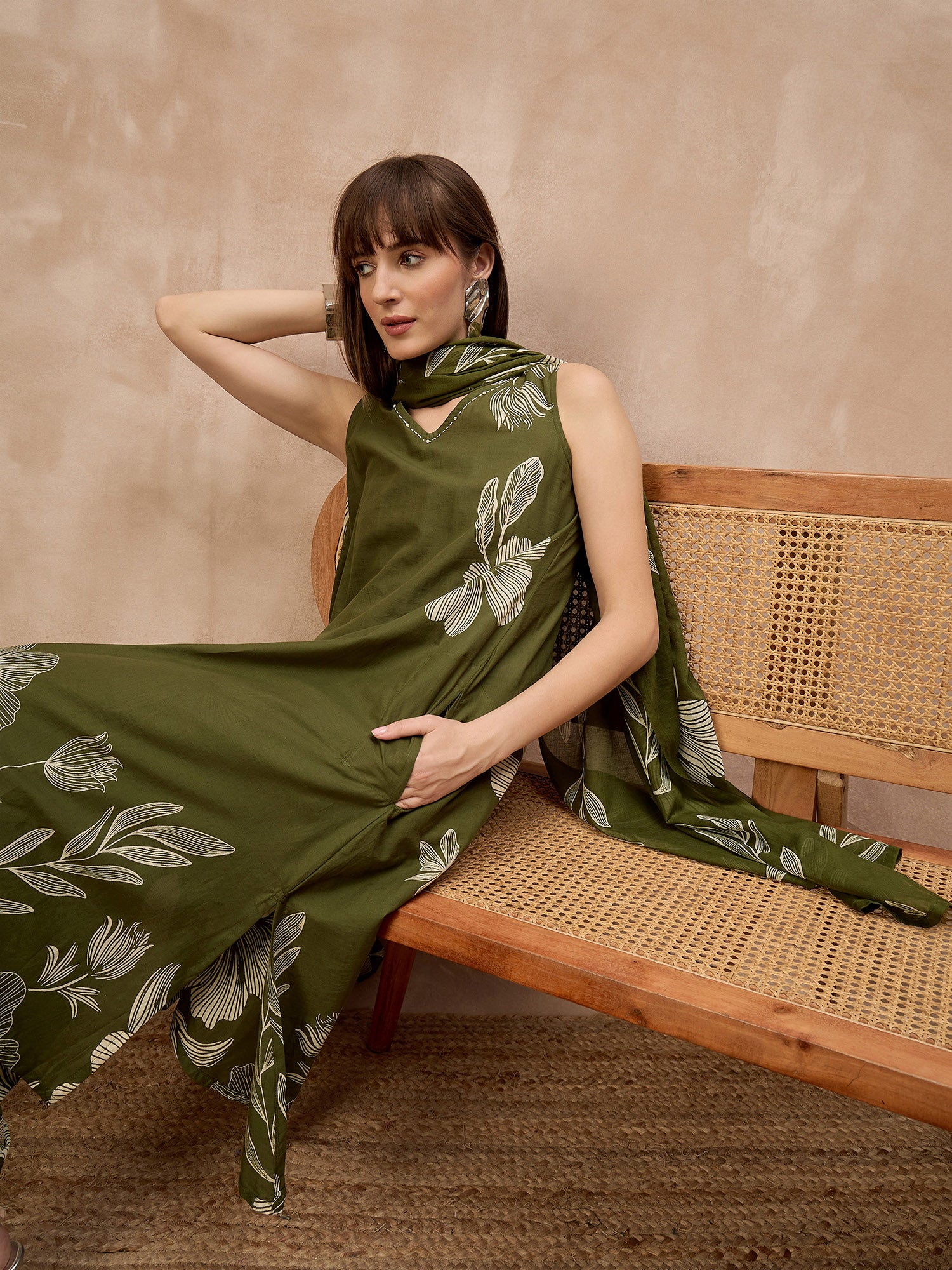 Olive Pure Cotton Floral Printed A-Line Kurta Trouser With Printed Dupatta