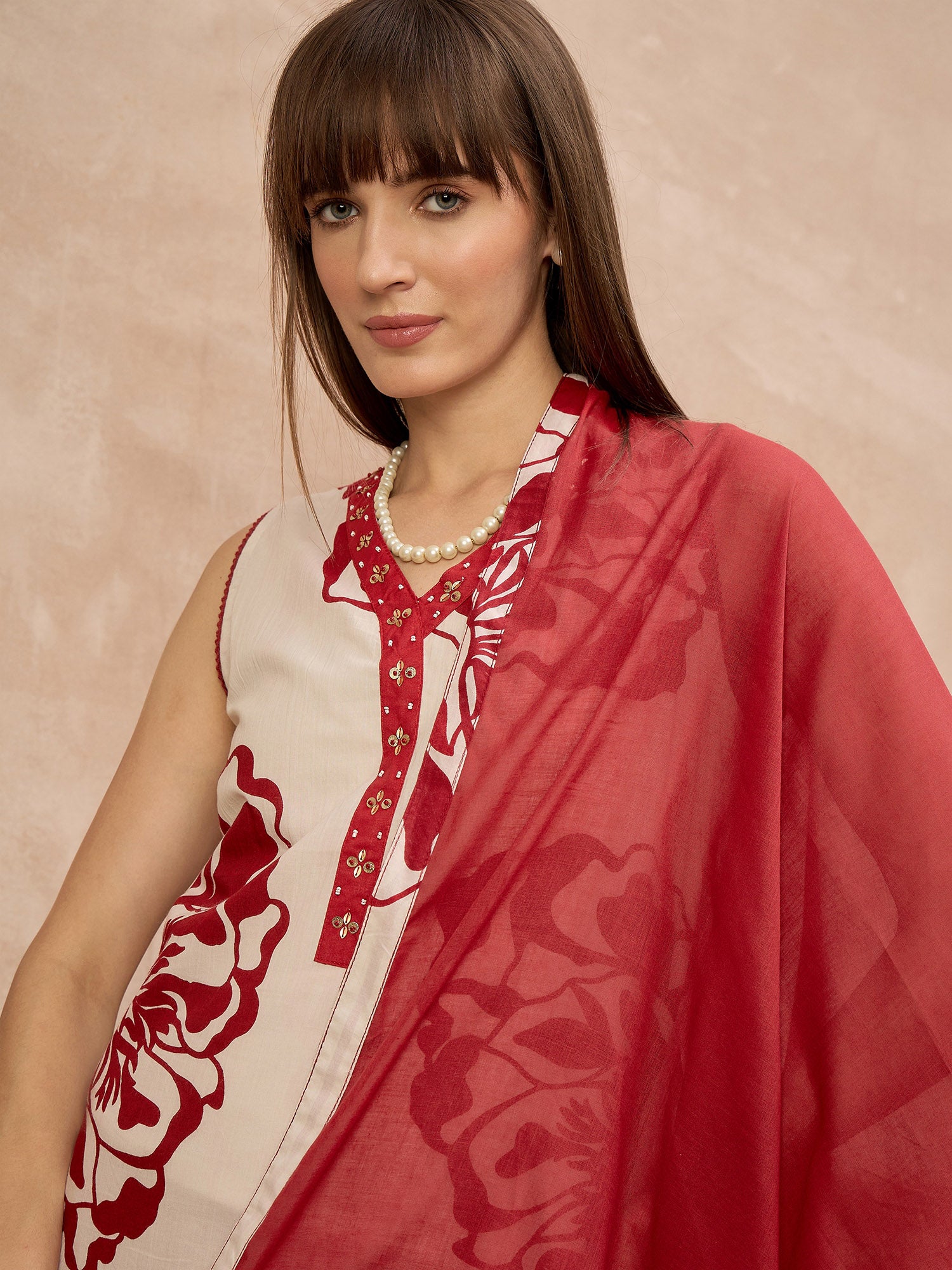 Red Pure Cotton Floral Printed A-Line Sleeveless Kurta Trouser With Dupatta