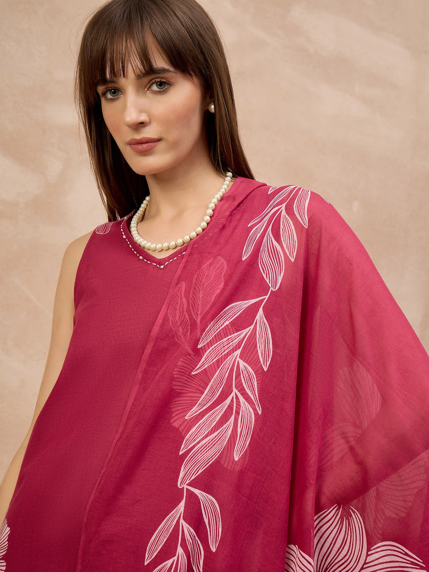Rose Pure Cotton Floral Printed A-Line Sleeveless Kurta Trouser With Printed Dupatta