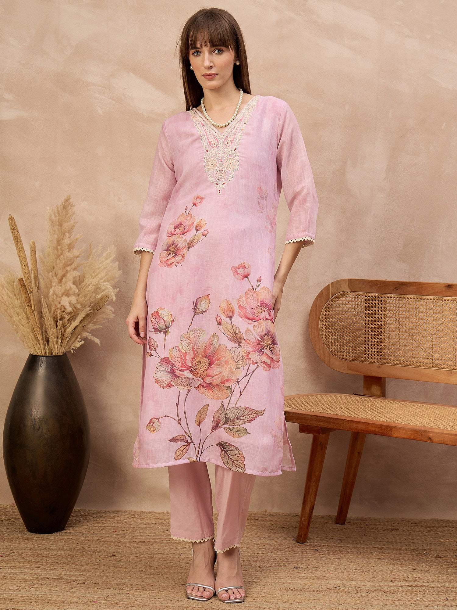 Lavender Linen Printed A-Line Kurta Trouser With Dupatta