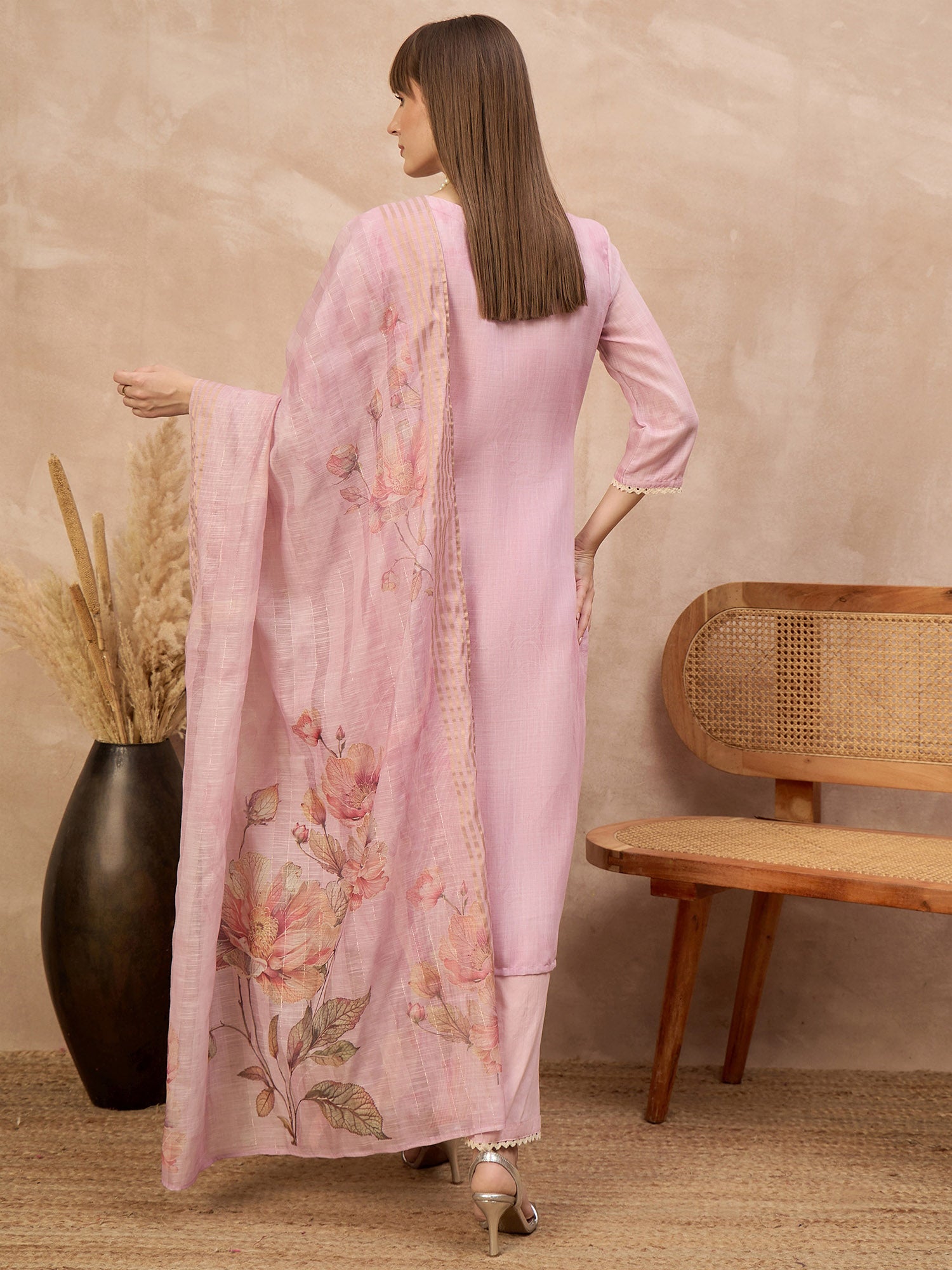 Lavender Linen Printed A-Line Kurta Trouser With Dupatta