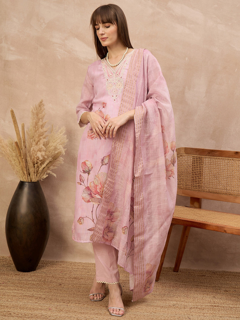 Lavender Linen Printed A-Line Kurta Trouser With Dupatta