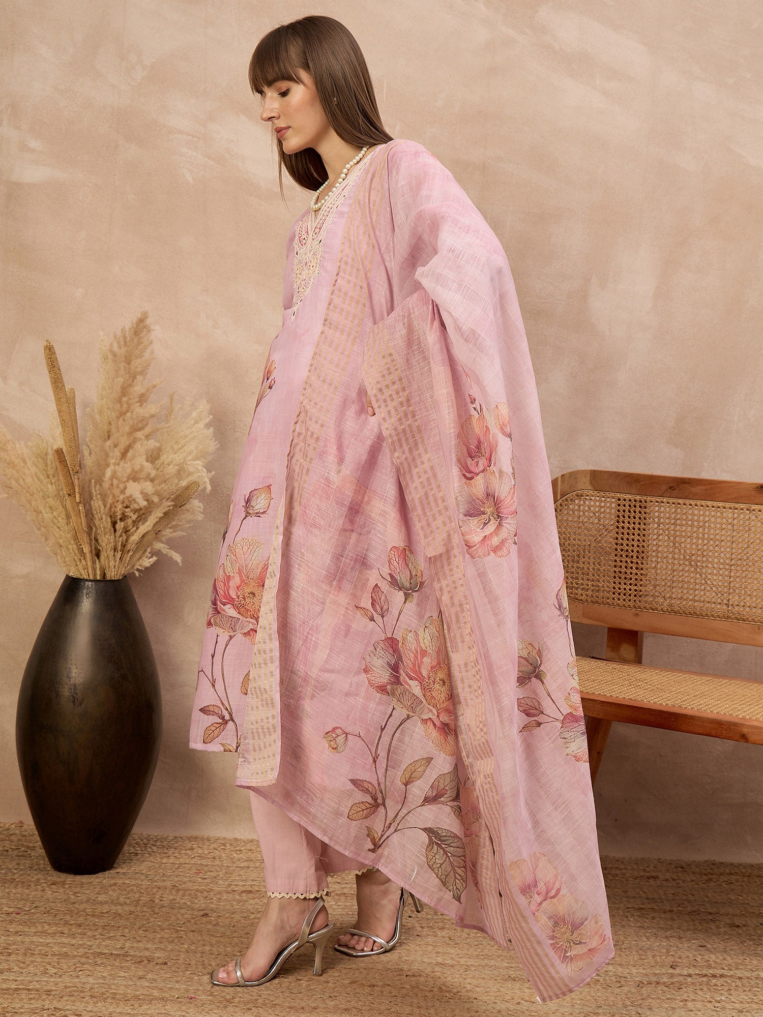 Lavender Linen Printed A-Line Kurta Trouser With Dupatta