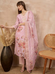 Lavender Linen Printed A-Line Kurta Trouser With Dupatta
