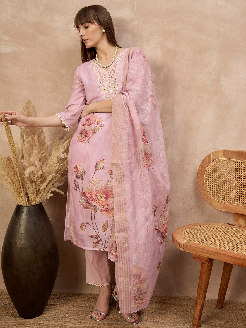 Lavender Linen Printed A-Line Kurta Trouser With Dupatta