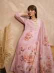 Lavender Linen Printed A-Line Kurta Trouser With Dupatta