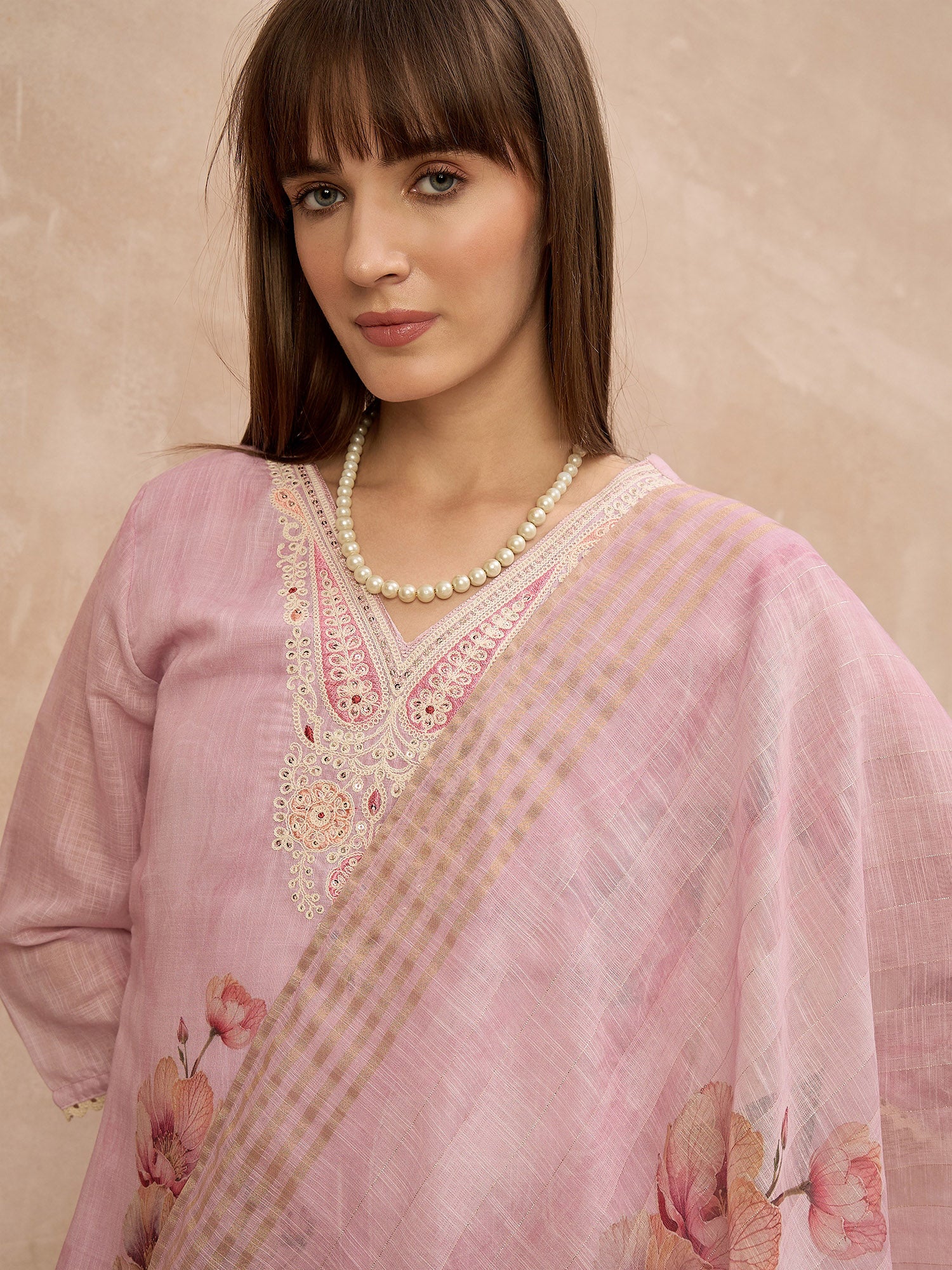 Lavender Linen Printed A-Line Kurta Trouser With Dupatta