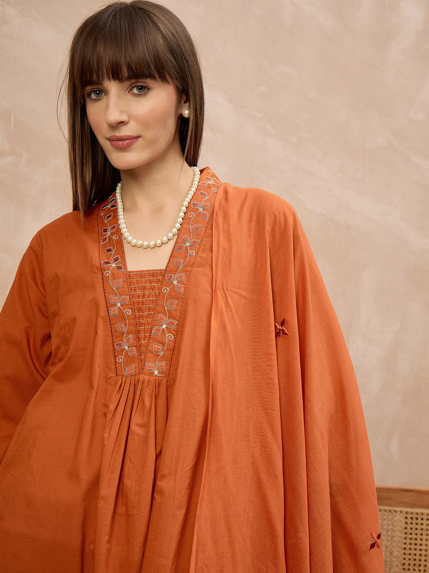 Rust Pure Cotton Geometric Embroidered A-Line Kurta Trouser With Dupatta
