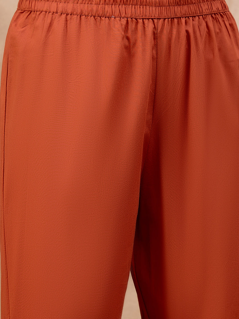 Orange Pure Cotton Embroidered Pleated A-Line Kurta Trouser With Dupatta