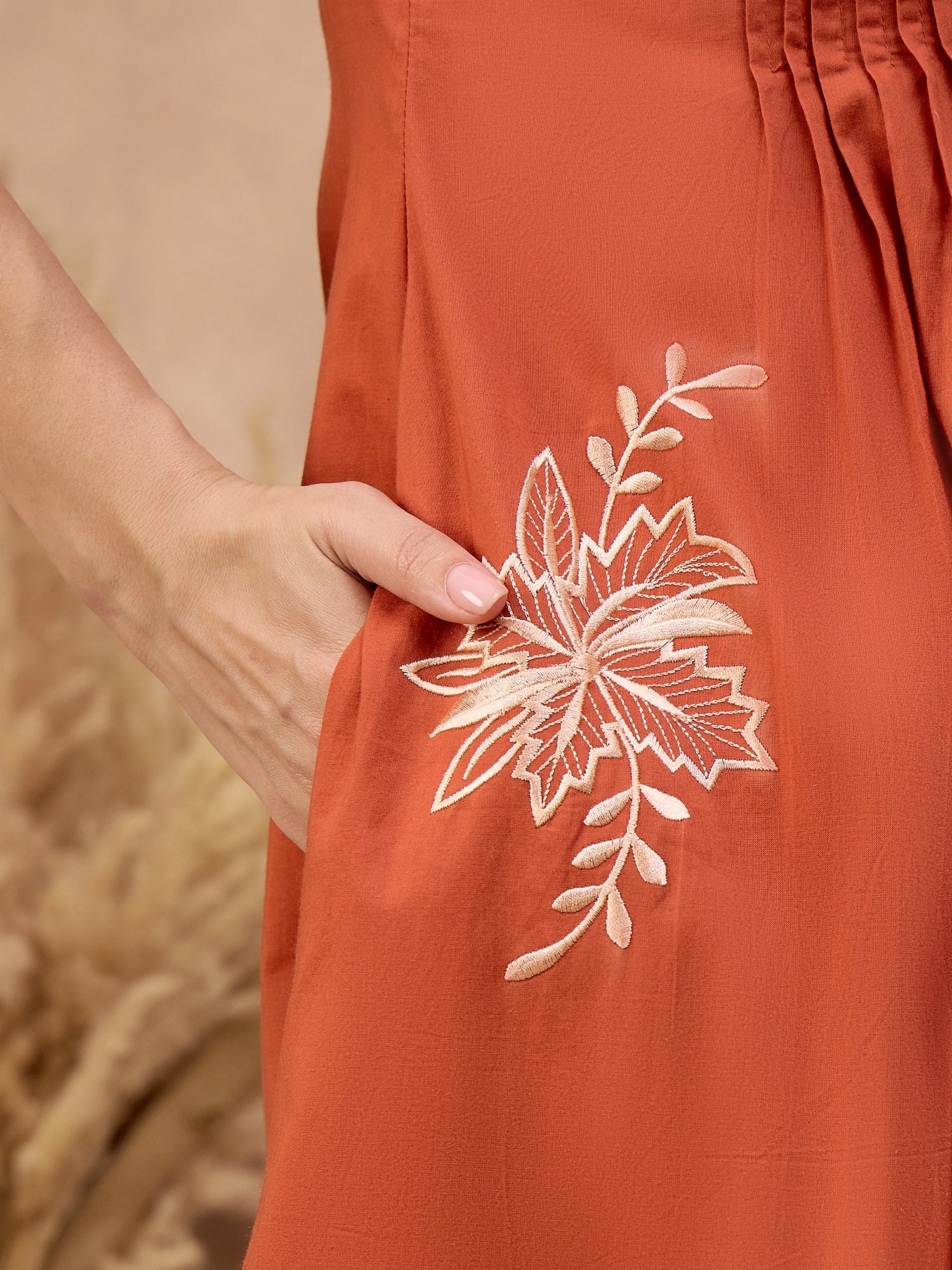 Orange Pure Cotton Embroidered Pleated A-Line Kurta Trouser With Dupatta