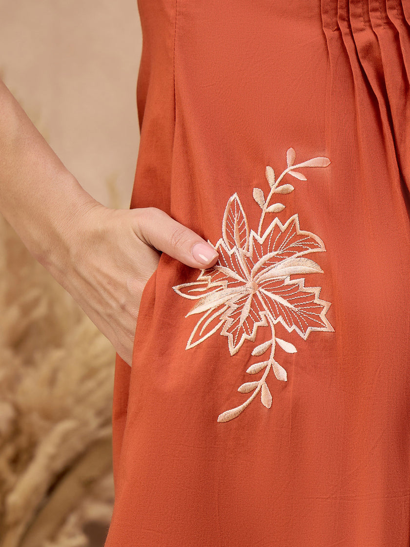 Orange Pure Cotton Embroidered Pleated A-Line Kurta Trouser With Dupatta