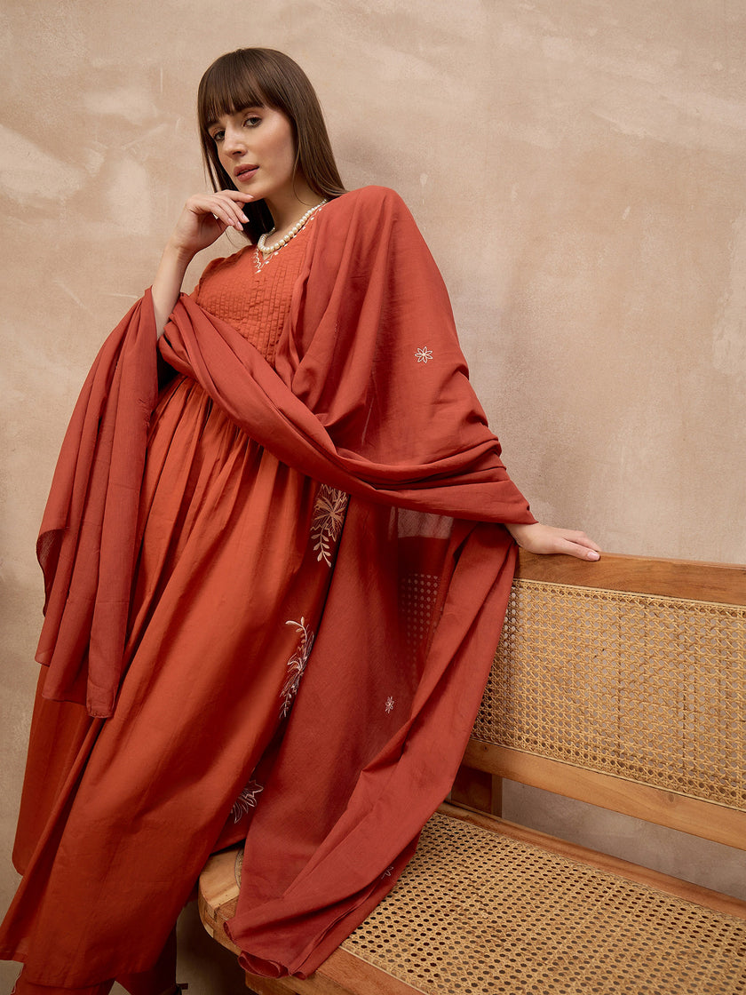Orange Pure Cotton Embroidered Pleated A-Line Kurta Trouser With Dupatta