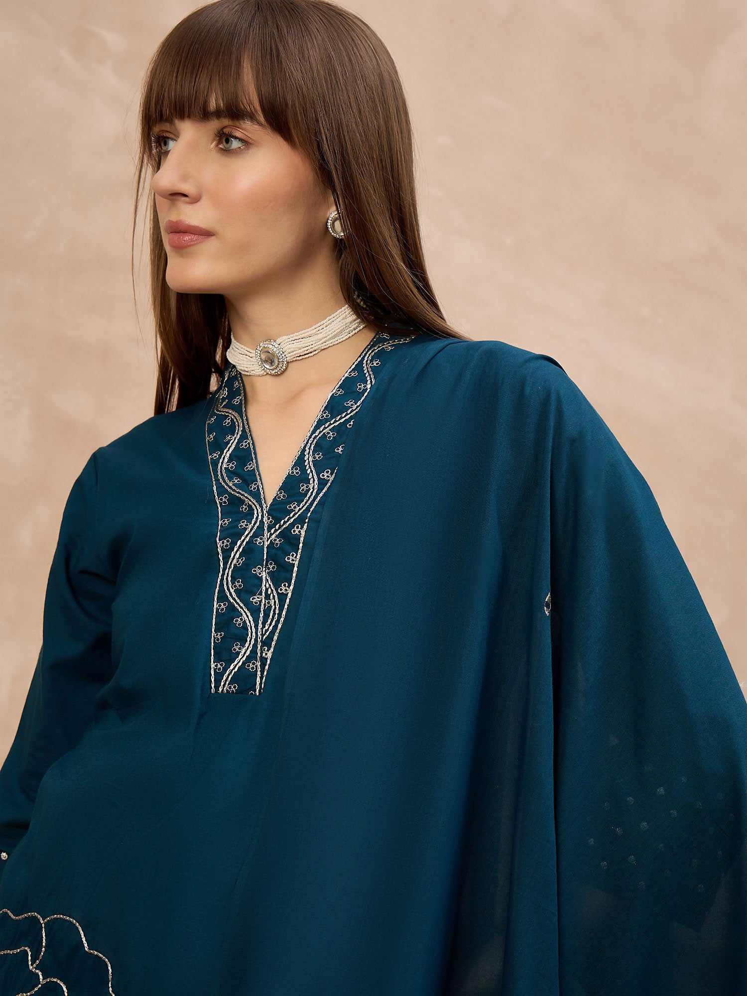 Blue Pure Cotton Floral Embroidered A-Line Kurta Trouser With Dupatta