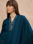 Blue Pure Cotton Floral Embroidered A-Line Kurta Trouser With Dupatta