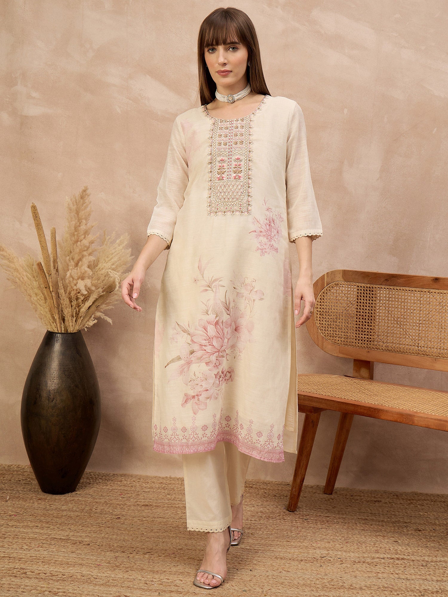 Multi Linen Printed A-Line Kurta Trouser With Dupatta