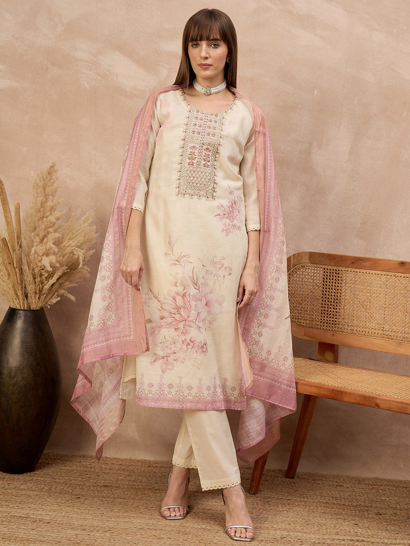 Multi Linen Printed A-Line Kurta Trouser With Dupatta