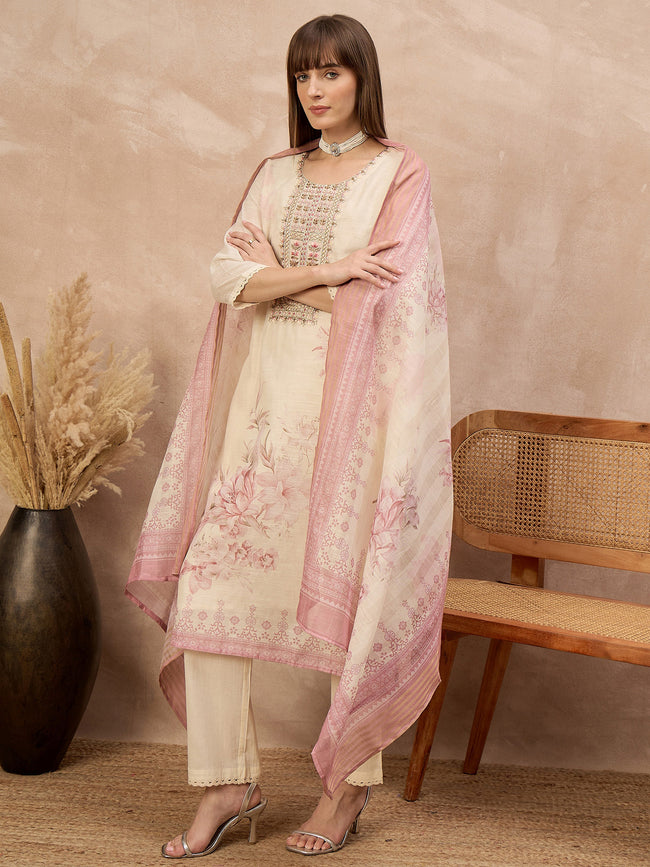 Multi Linen Printed A-Line Kurta Trouser With Dupatta