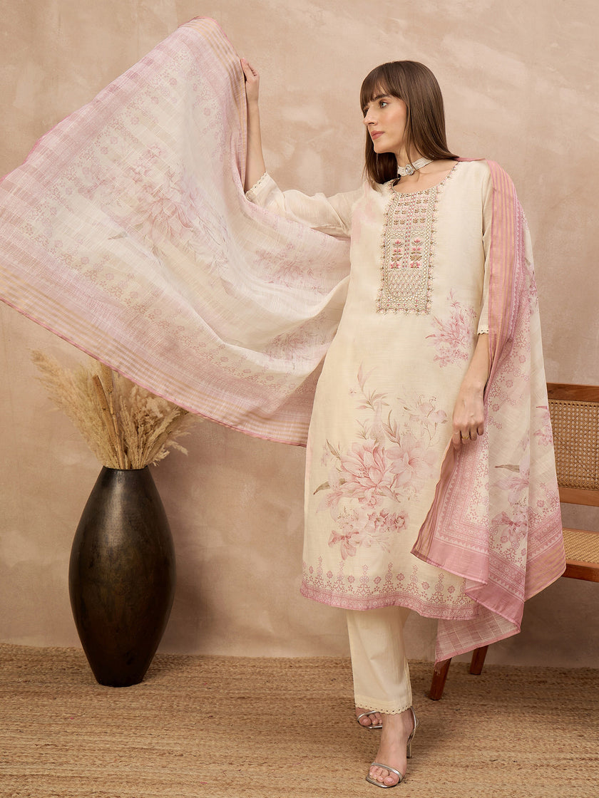 Multi Linen Printed A-Line Kurta Trouser With Dupatta