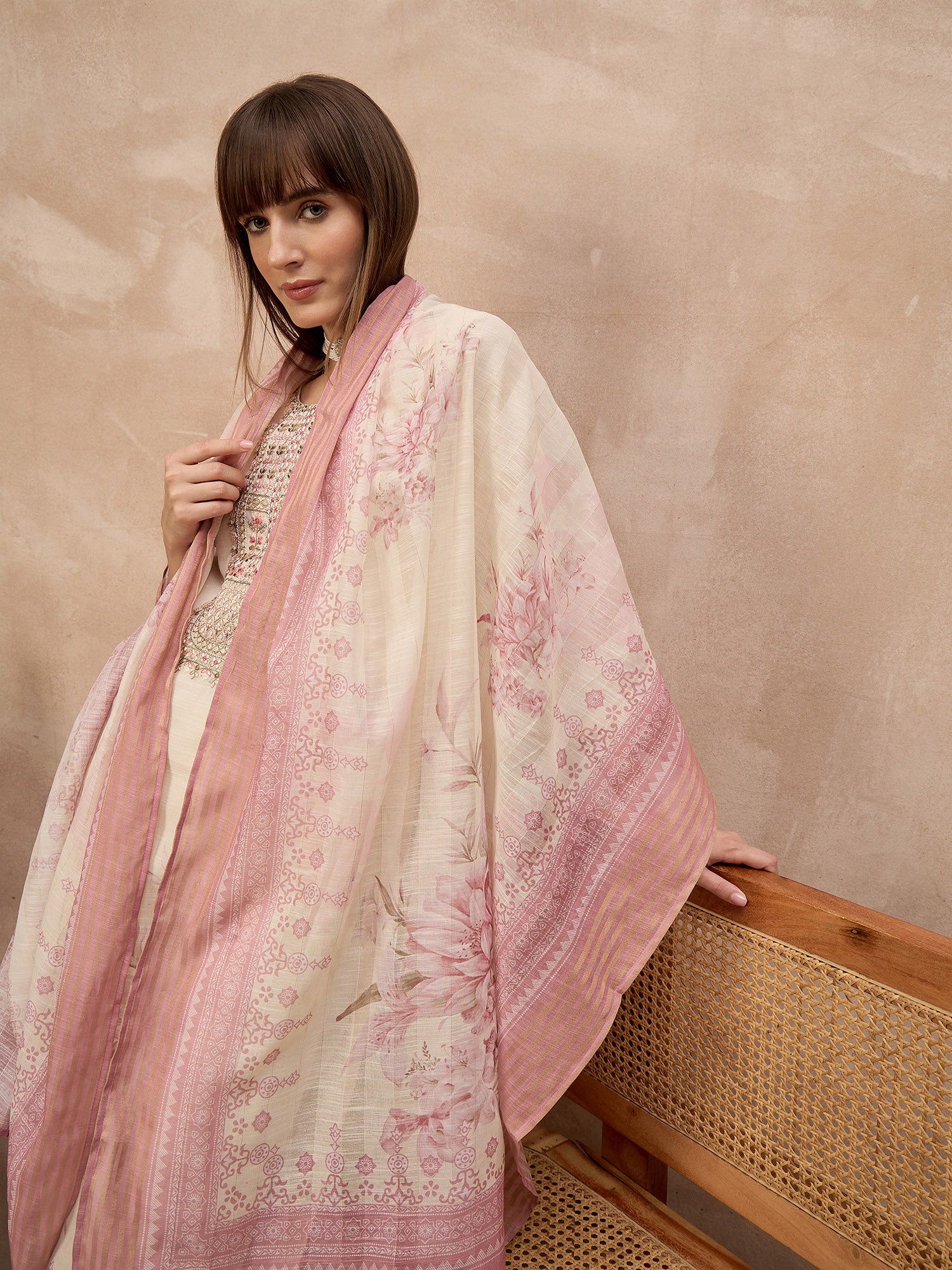 Multi Linen Printed A-Line Kurta Trouser With Dupatta
