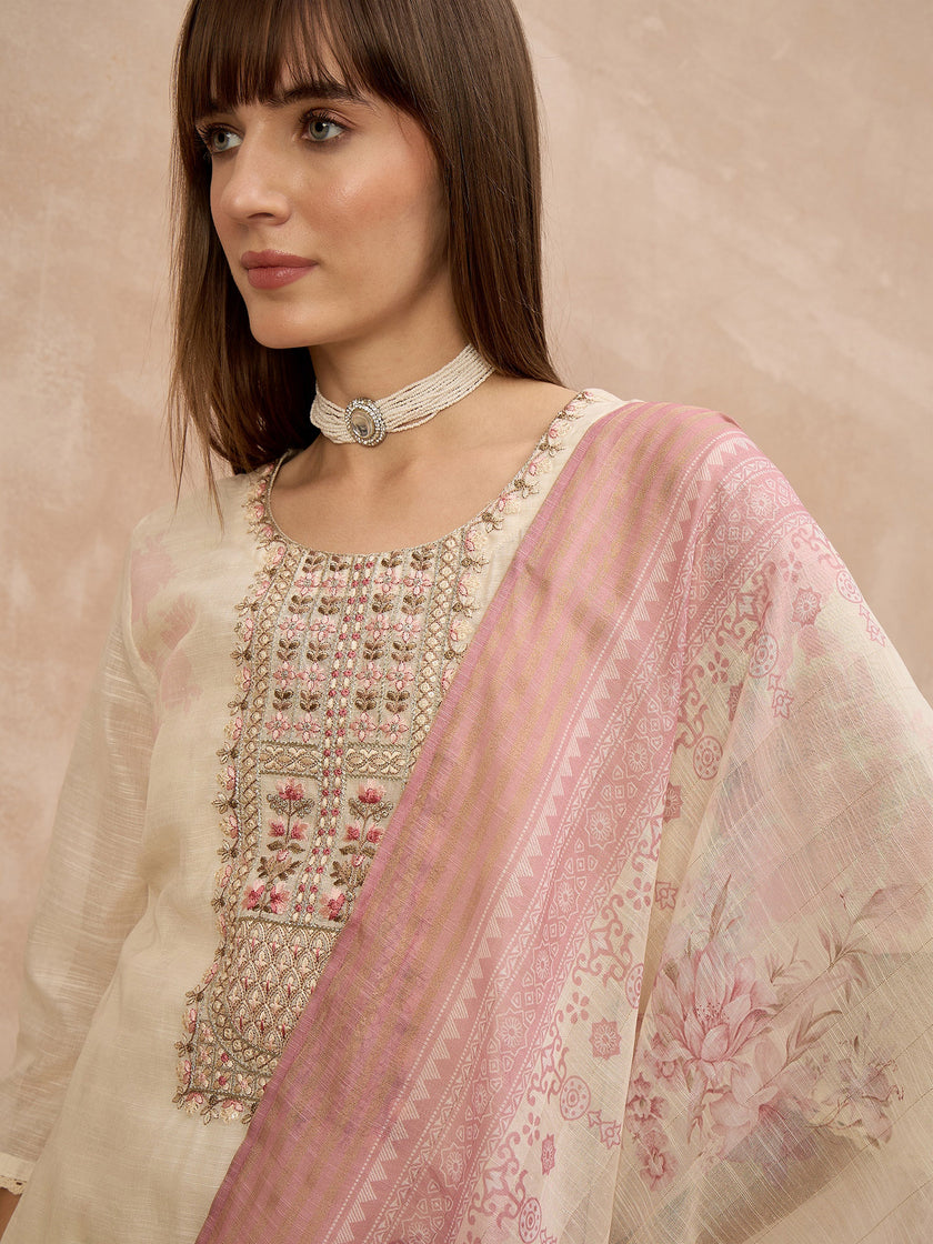 Multi Linen Printed A-Line Kurta Trouser With Dupatta