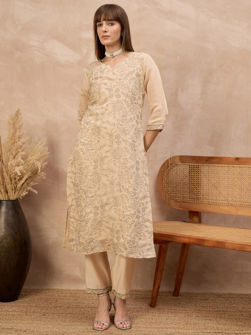 Off-White Chanderi Cotton Embroideried A-Line Kurta Trouser With Dupatta