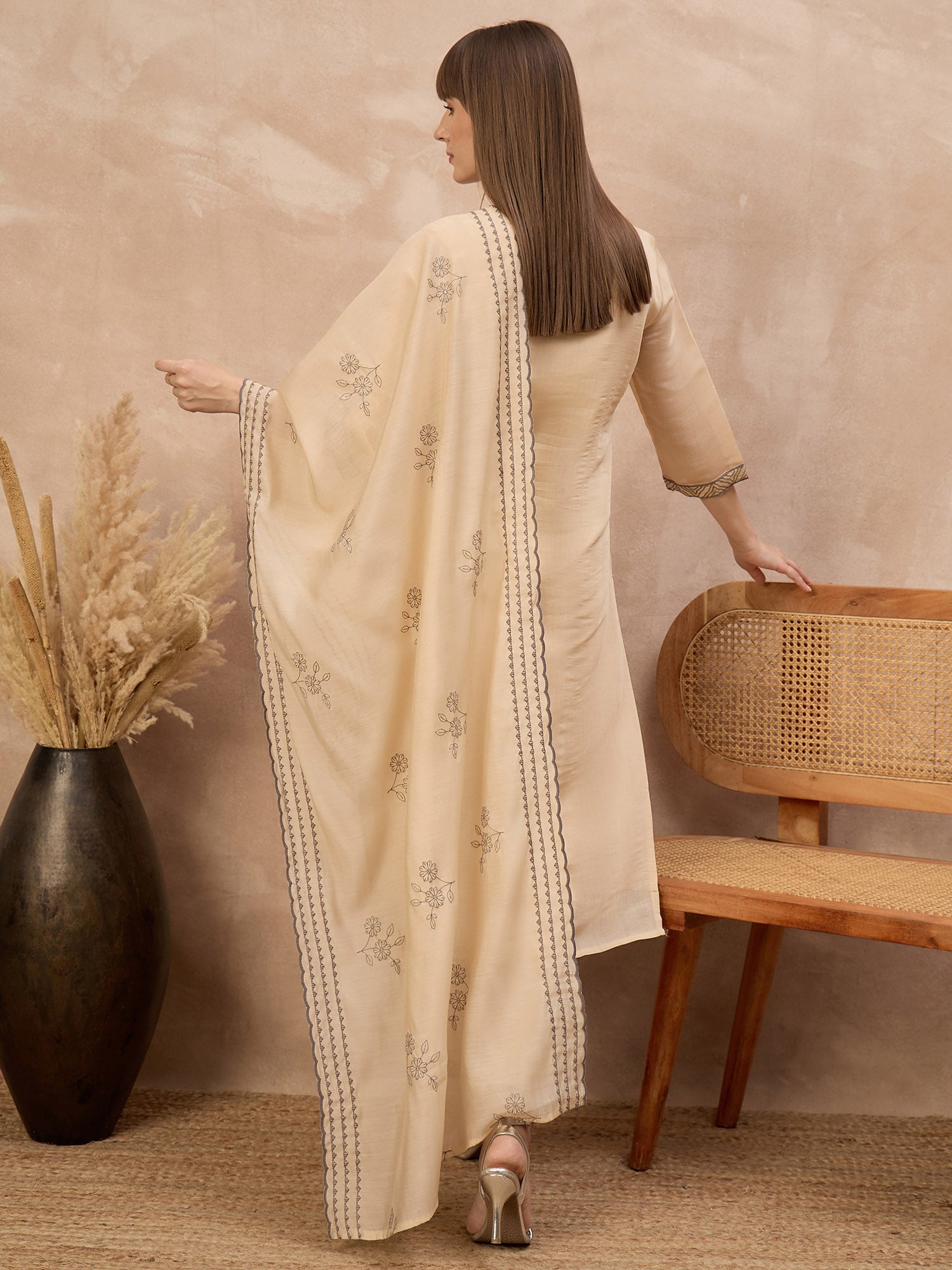 Off-White Chanderi Cotton Embroideried A-Line Kurta Trouser With Dupatta