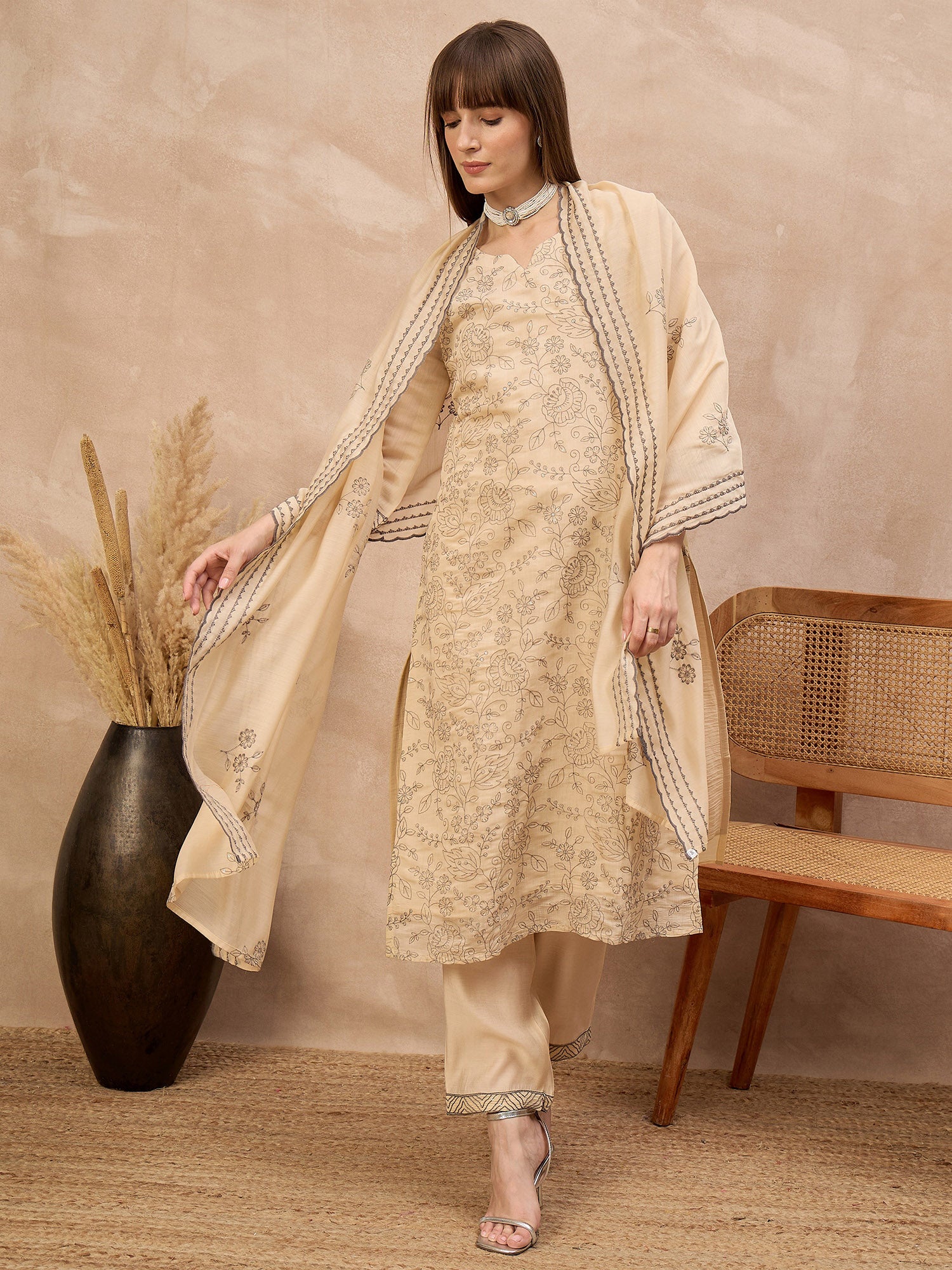 Off-White Chanderi Cotton Embroideried A-Line Kurta Trouser With Dupatta
