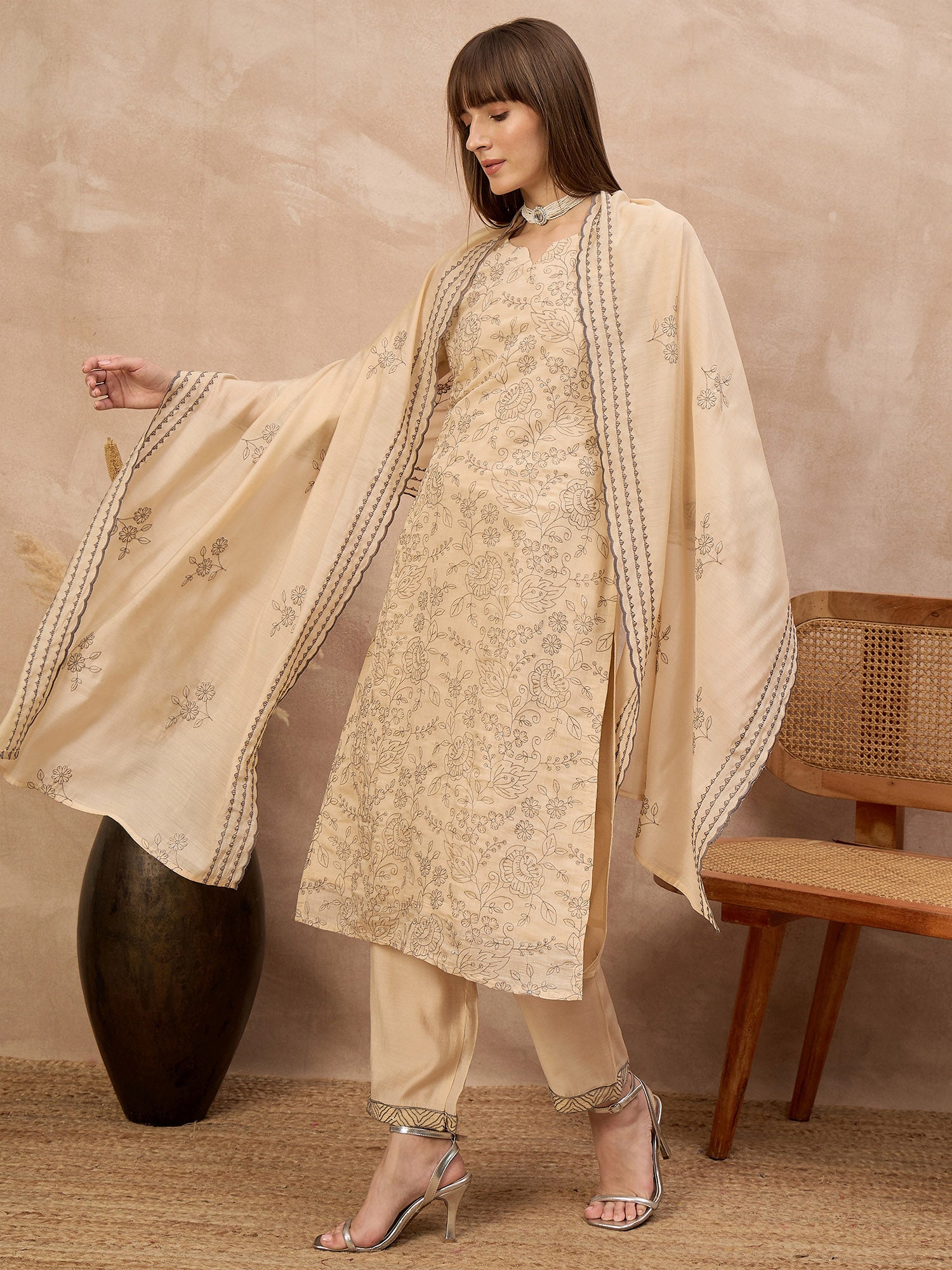 Off-White Chanderi Cotton Embroideried A-Line Kurta Trouser With Dupatta