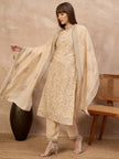 Off-White Chanderi Cotton Embroideried A-Line Kurta Trouser With Dupatta