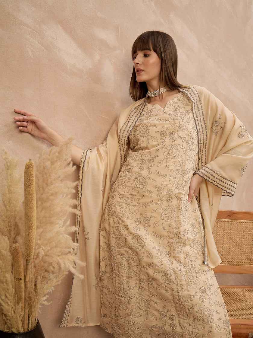 Off-White Chanderi Cotton Embroideried A-Line Kurta Trouser With Dupatta