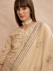 Off-White Chanderi Cotton Embroideried A-Line Kurta Trouser With Dupatta