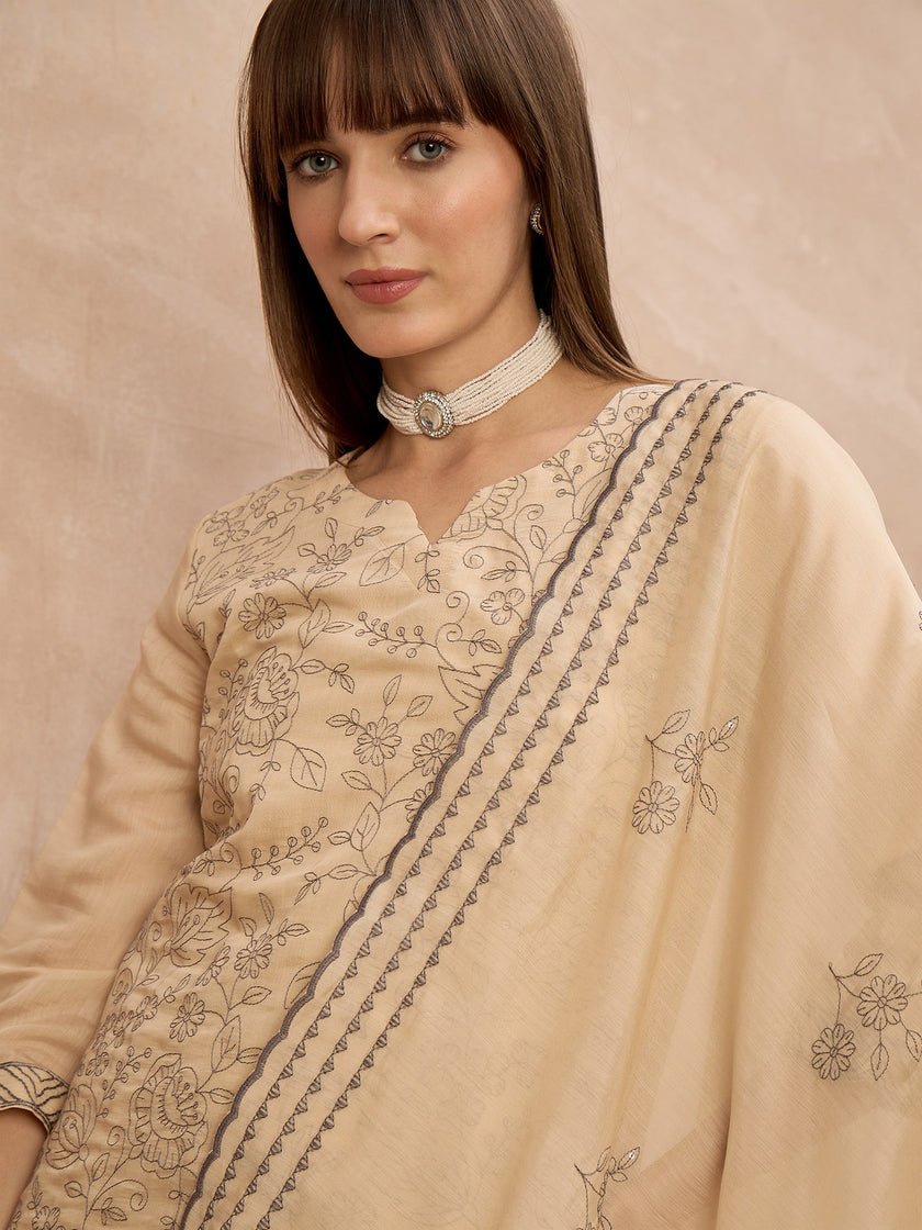 Off-White Chanderi Cotton Embroideried A-Line Kurta Trouser With Dupatta