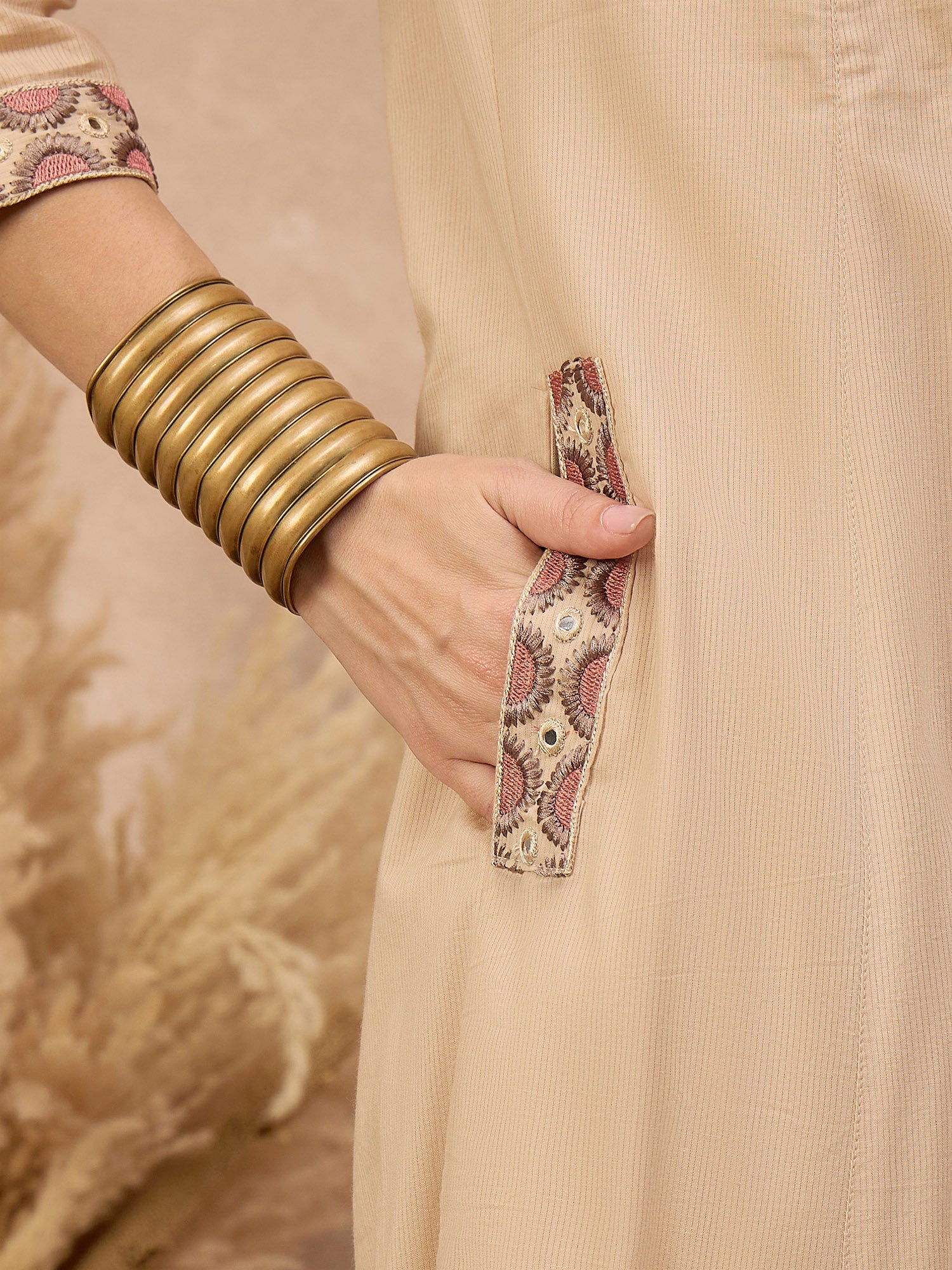 Beige Pure Cotton Floral & Mirror Embroidered A-Line Kurta Trouser With Dupatta