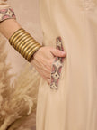 Beige Pure Cotton Floral & Mirror Embroidered A-Line Kurta Trouser With Dupatta
