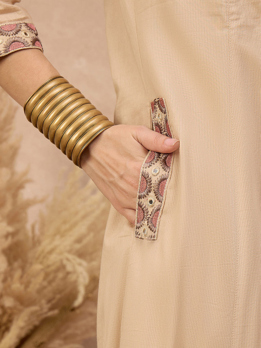 Beige Pure Cotton Floral & Mirror Embroidered A-Line Kurta Trouser With Dupatta