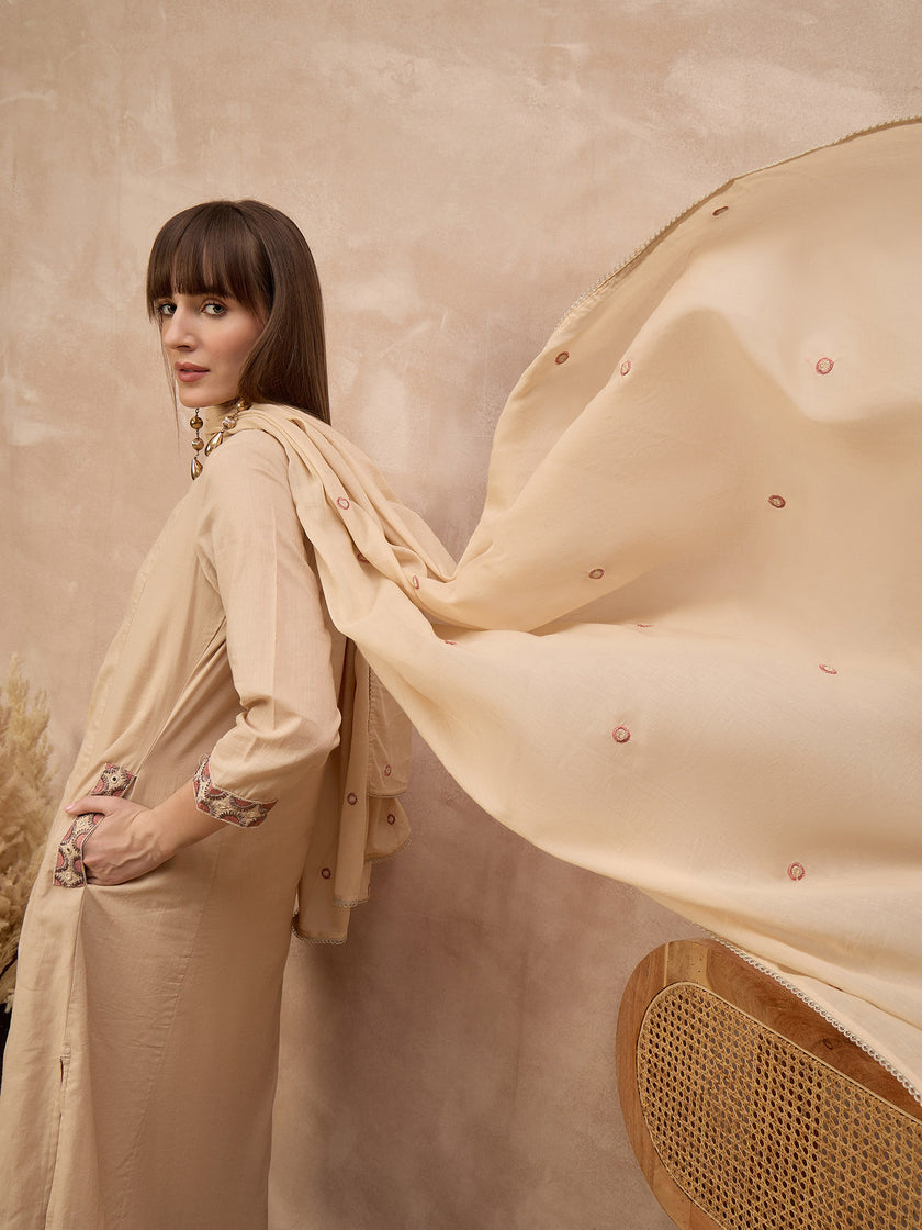 Beige Pure Cotton Floral & Mirror Embroidered A-Line Kurta Trouser With Dupatta