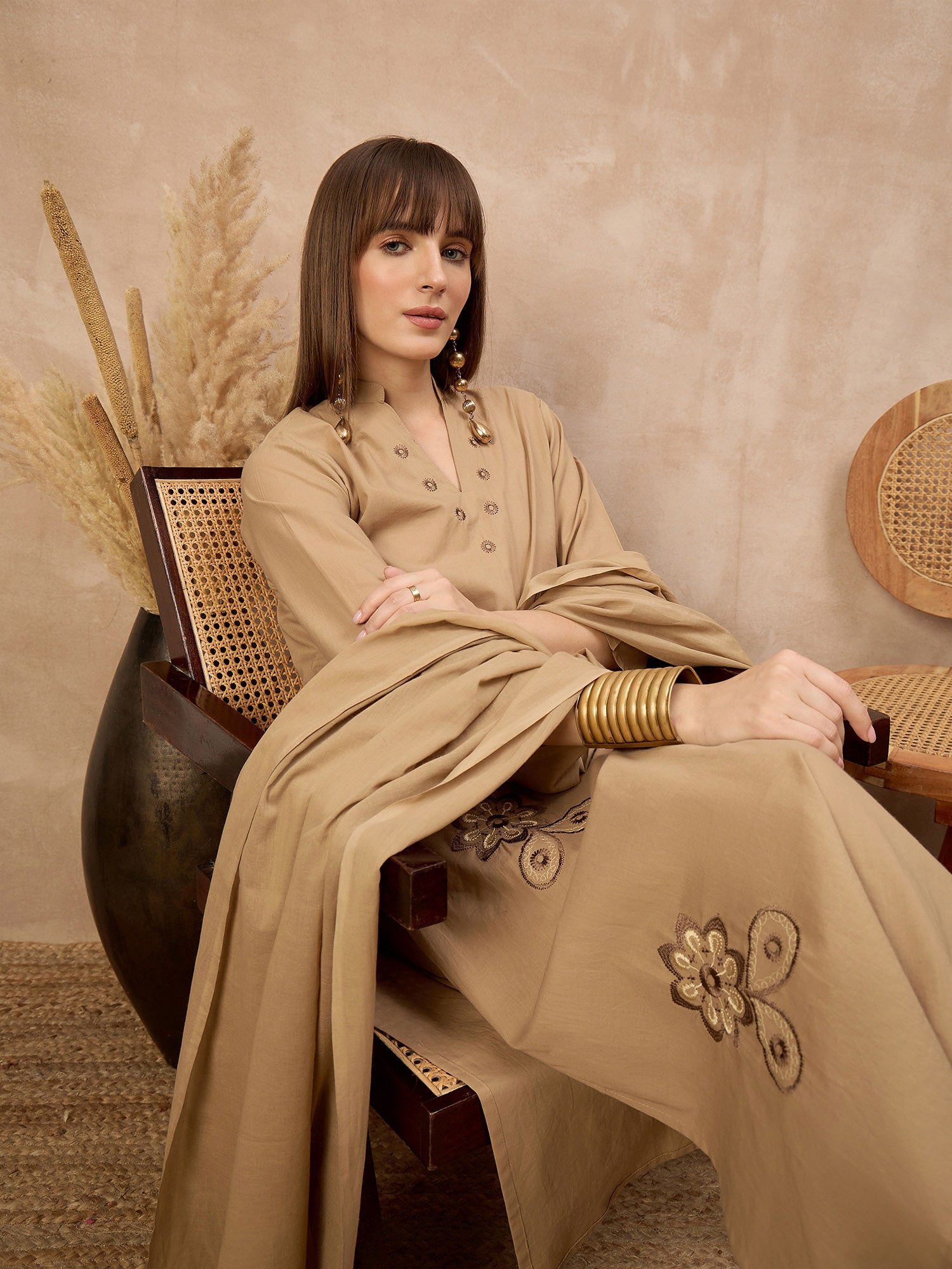 Beige Pure Cotton Floral Embroidered A-Line Kurta Trouser With Dupatta
