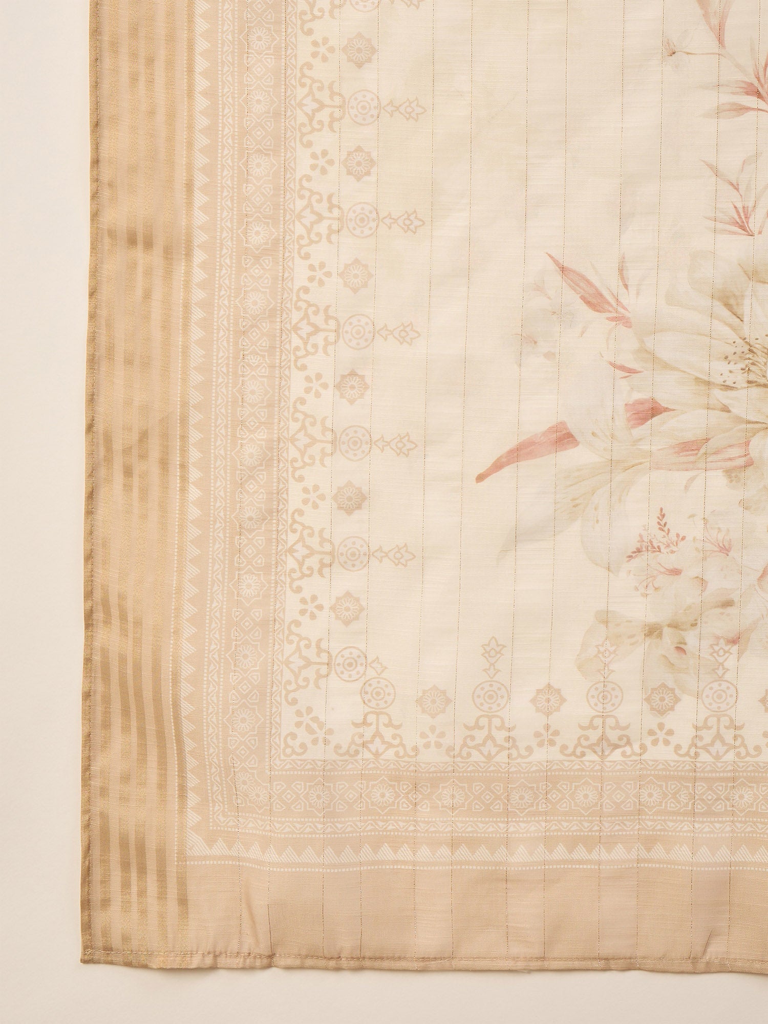 Off-White Linen Printed A-Line Kurta Trouser With Dupatta