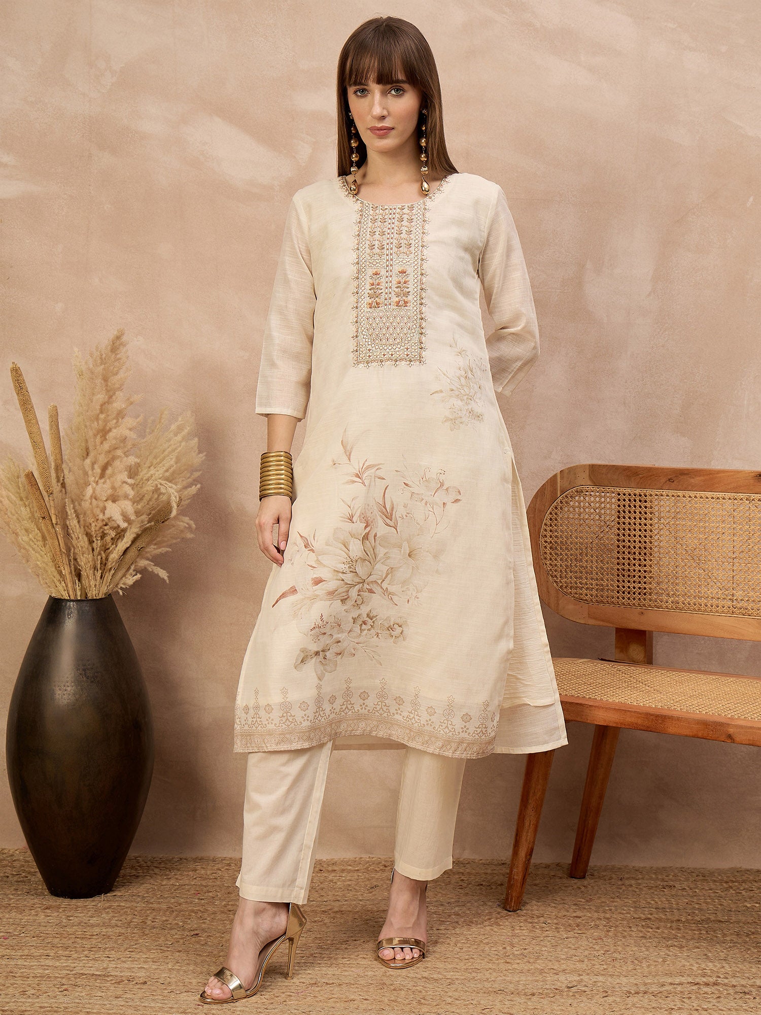 Off-White Linen Printed A-Line Kurta Trouser With Dupatta