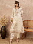 Off-White Linen Printed A-Line Kurta Trouser With Dupatta